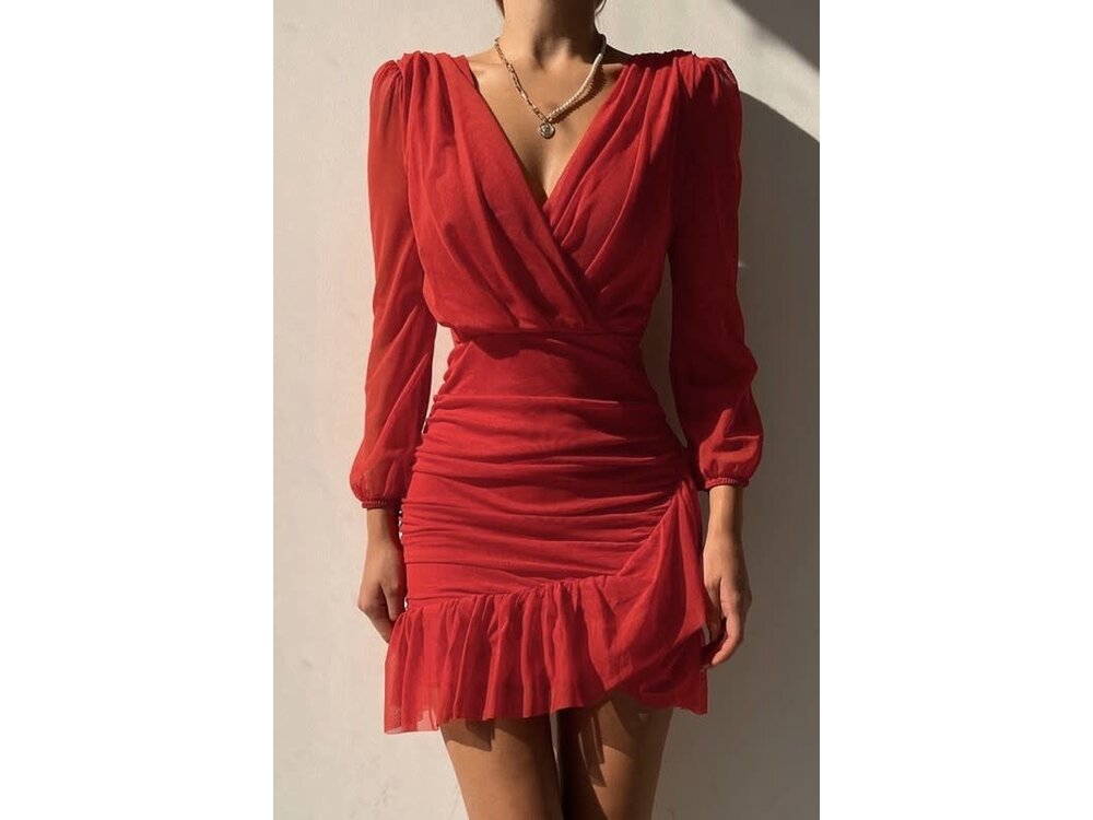 Ruched Flounce V Neck Bodycon Mini Dress