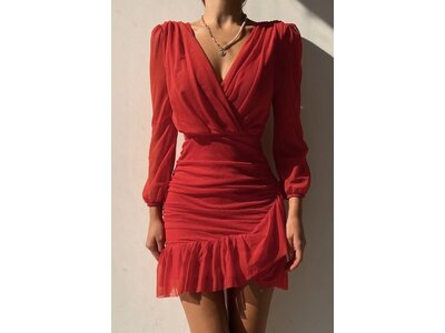 Ruched Flounce V Neck Bodycon Mini Dress