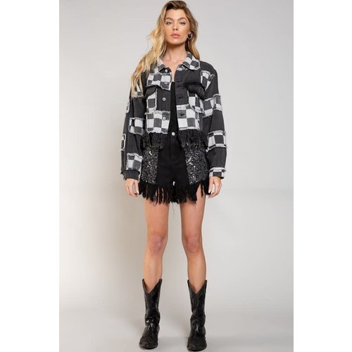Oversized Checkered Distressed Denim Jacket Oversized Checkered Distressed Denim Jacket