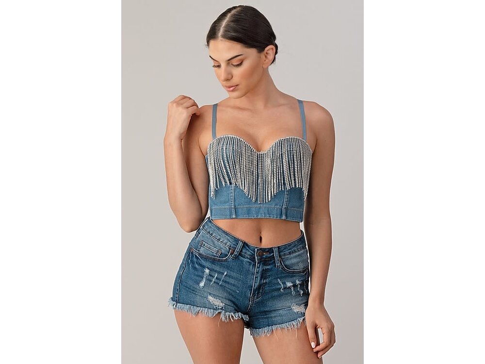 Denim Bustier with Crystal Fringe