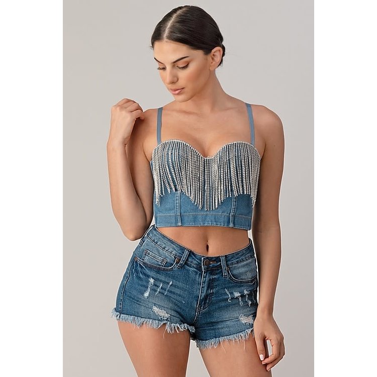 Denim Bustier with Crystal Fringe