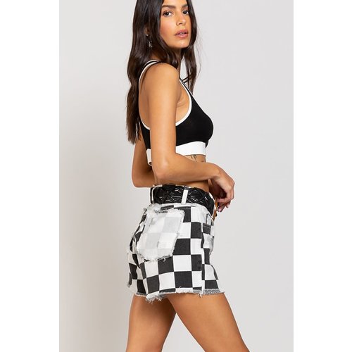 Pol Checkered Distressed Shorts with Color Block Pocket