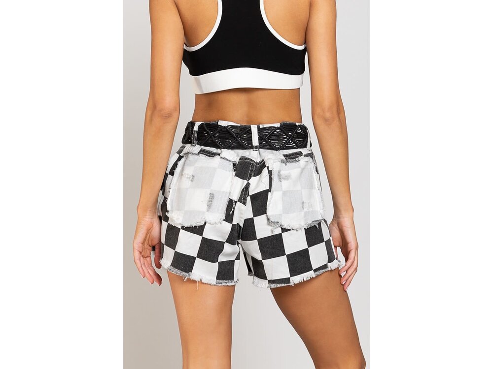 Pol Checkered Distressed Shorts with Color Block Pocket