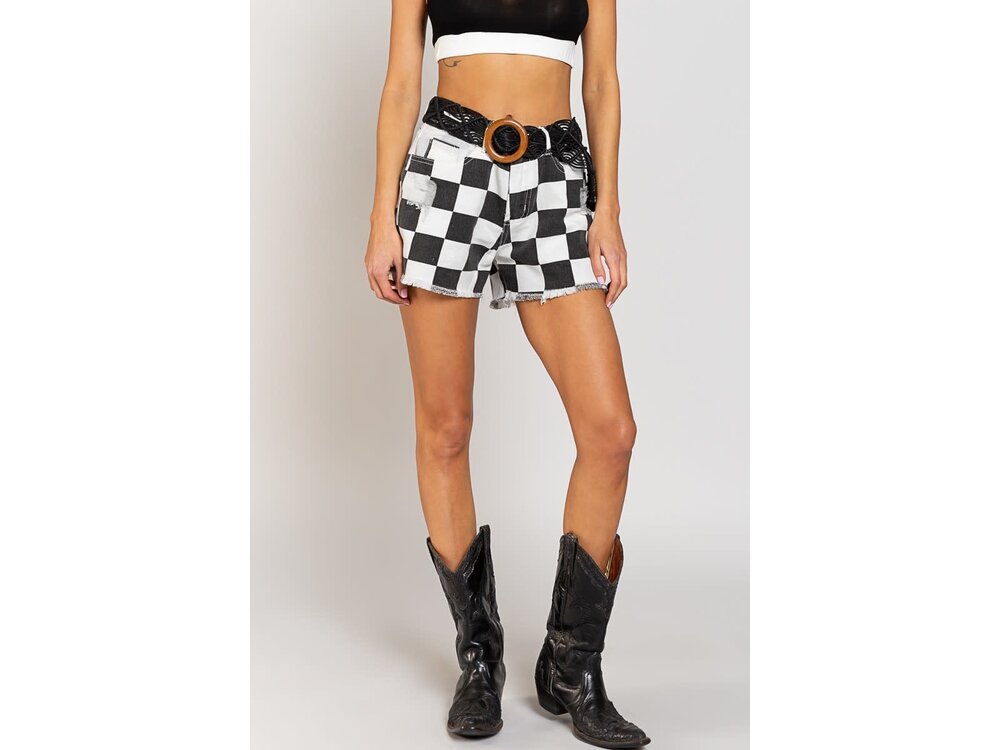 Pol Checkered Distressed Shorts with Color Block Pocket