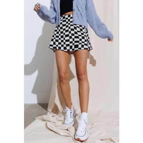 Checkered Skater Skirt with Button Detail and Hidden Shorts