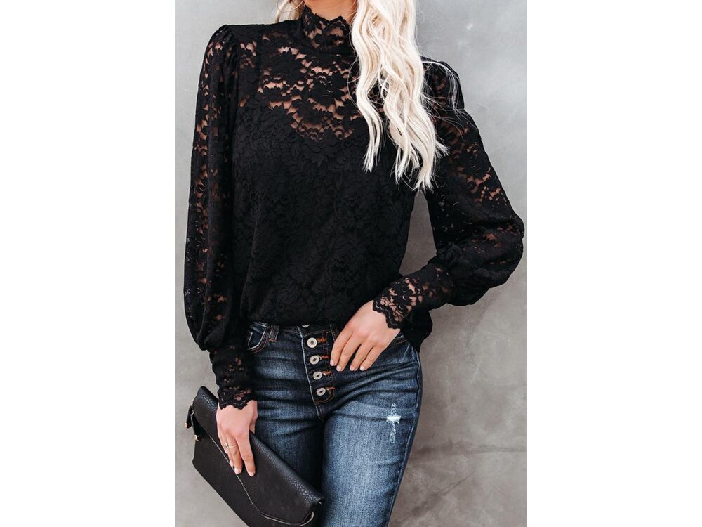 Mock Neck Lace Shirt with Puff Sleeve and Cami