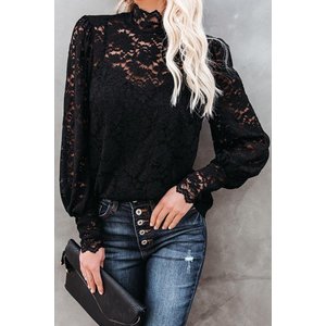 Mock Neck Lace Shirt with Puff Sleeve and Cami