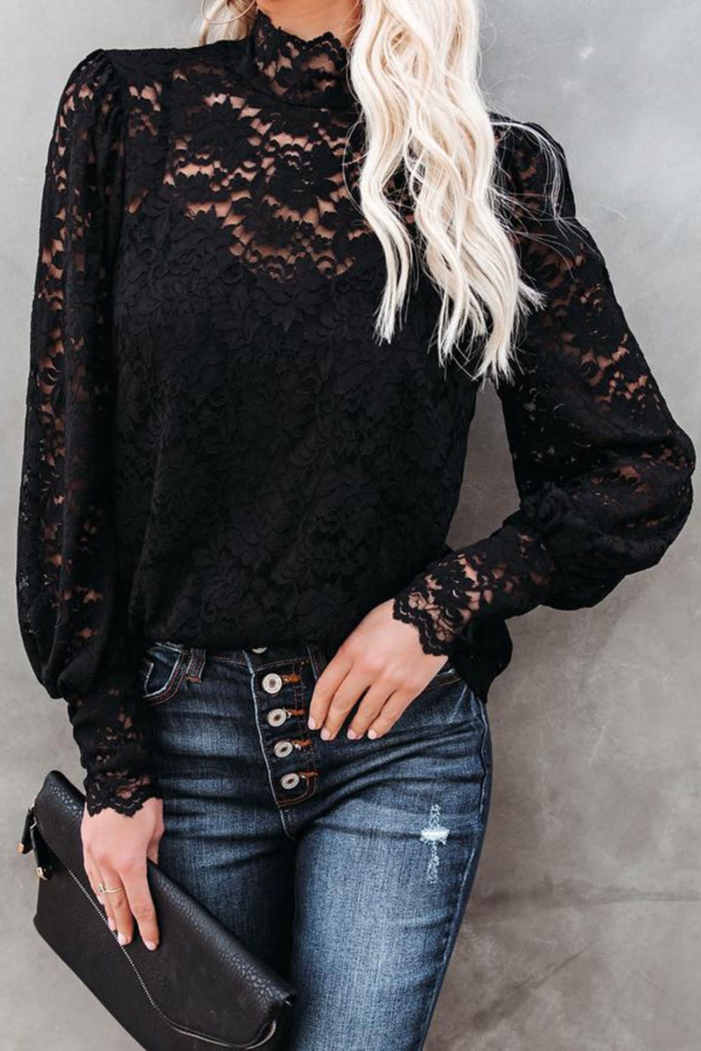 Mock Neck Lace Shirt with Puff Sleeve and Cami