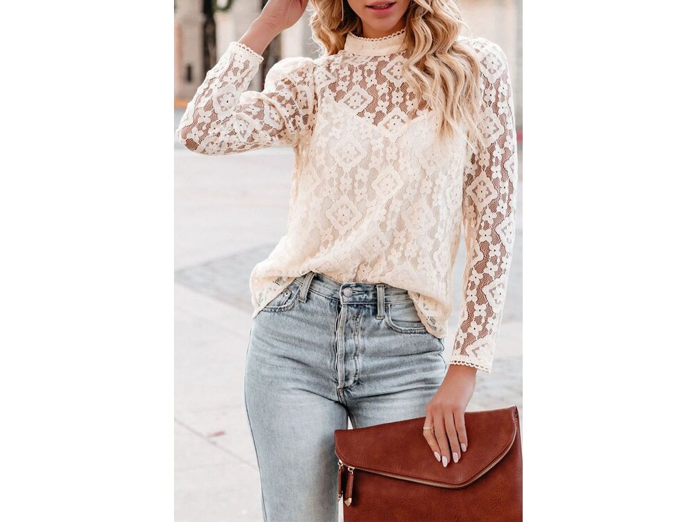 Mock Neck Geometric Floral Lace Long Sleeve with Cami