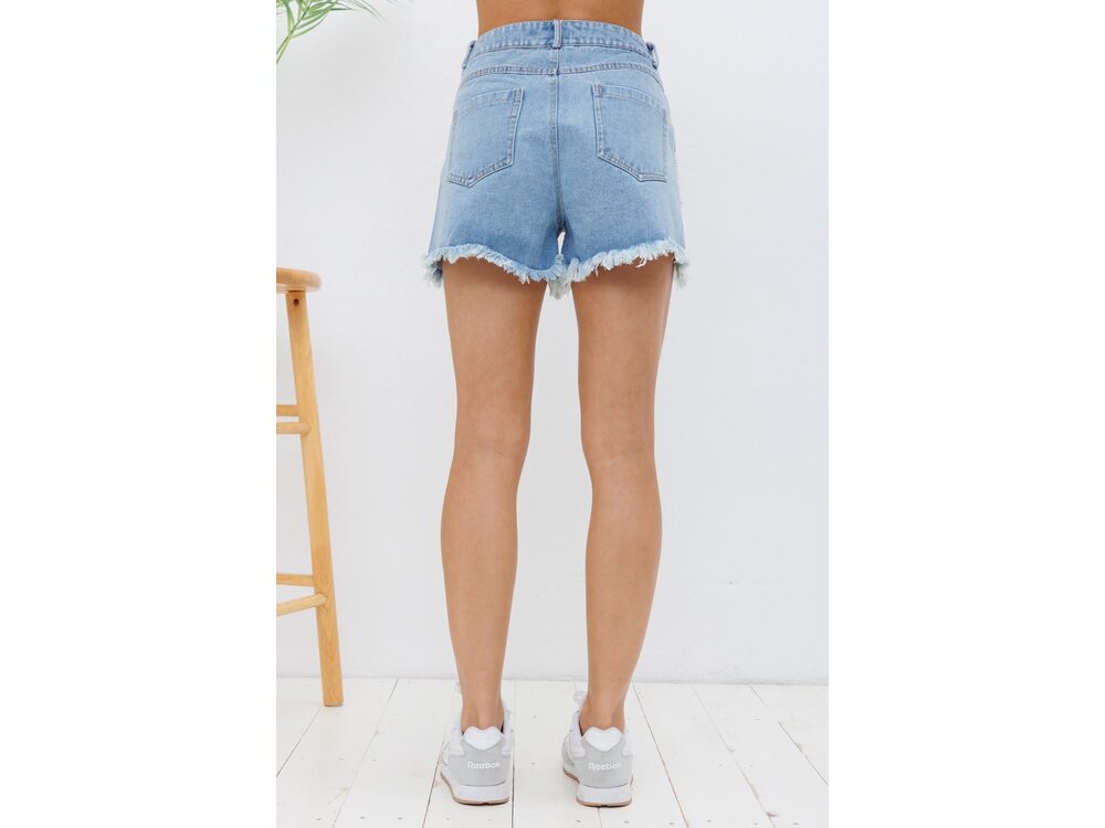 Blue B Distressed Denim Short with Crystal Fringe Pocket