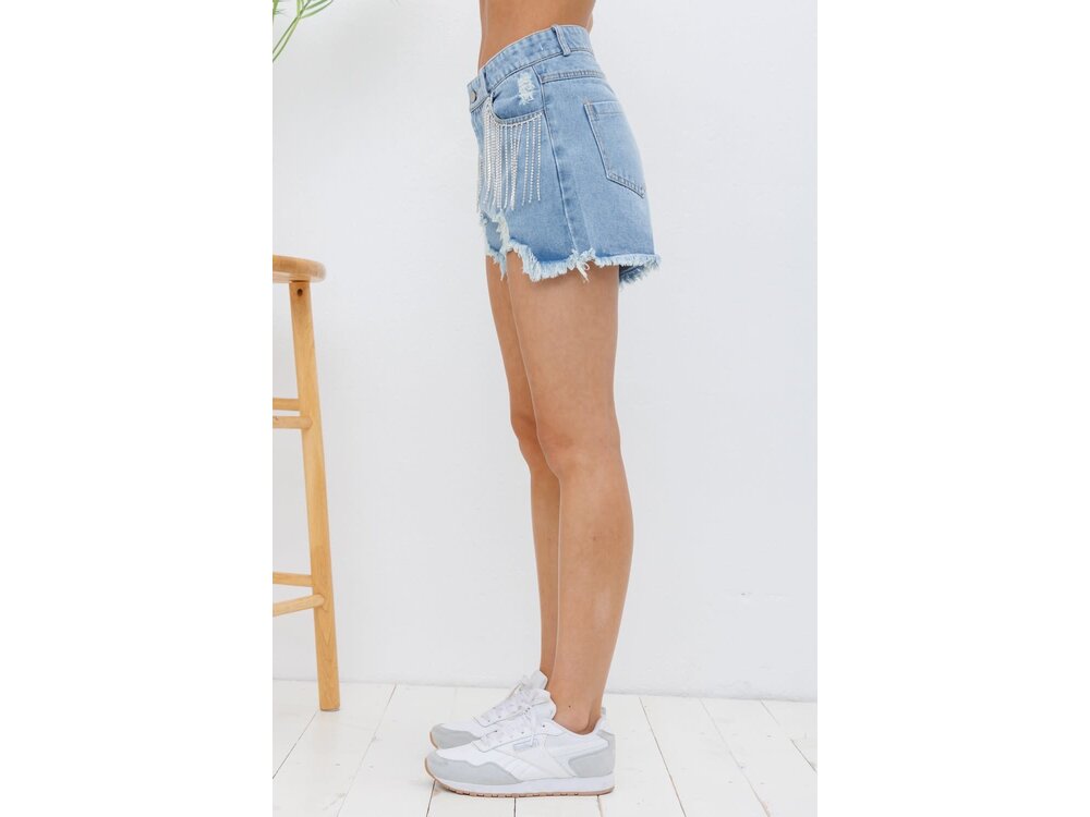 Blue B Distressed Denim Short with Crystal Fringe Pocket