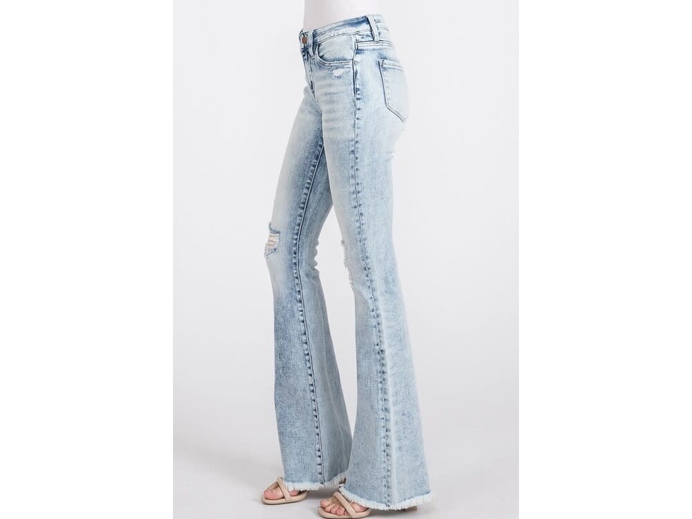 Petra153 Distressed Mid-Rise Flare with Frayed Hem