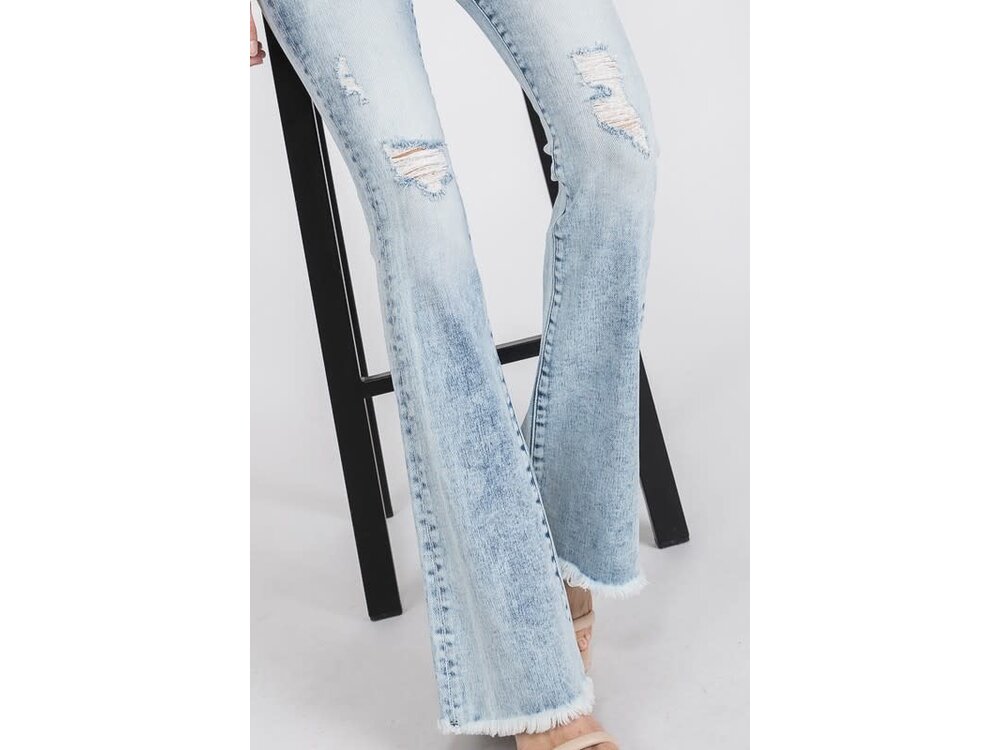 Petra153 Distressed Mid-Rise Flare with Frayed Hem
