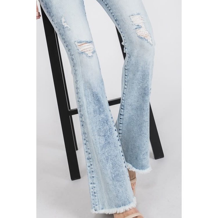 Petra153 Distressed Mid-Rise Flare with Frayed Hem