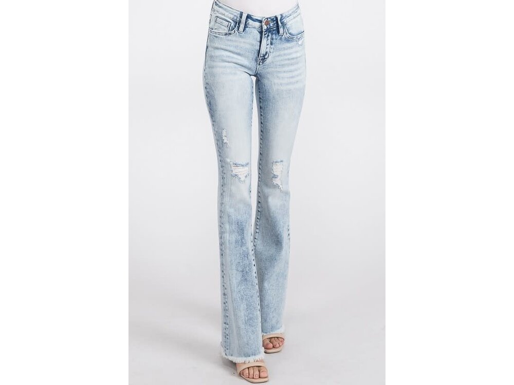 Petra153 Distressed Mid-Rise Flare with Frayed Hem