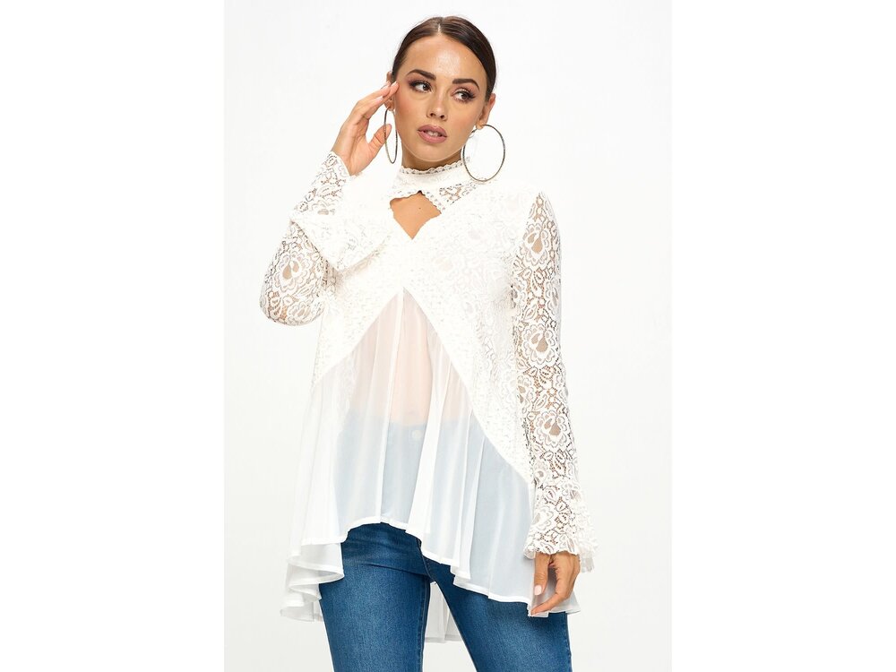 High-Neck Cut Out Flowy Shirt with Lace