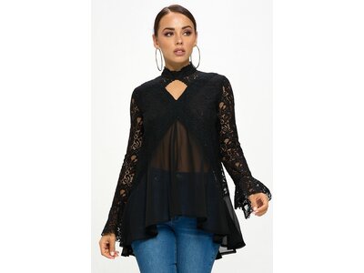 High-Neck Cut Out Flowy Shirt with Lace