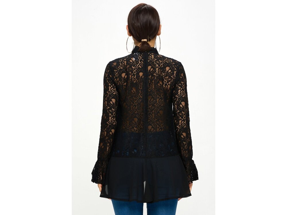 High-Neck Cut Out Flowy Shirt with Lace