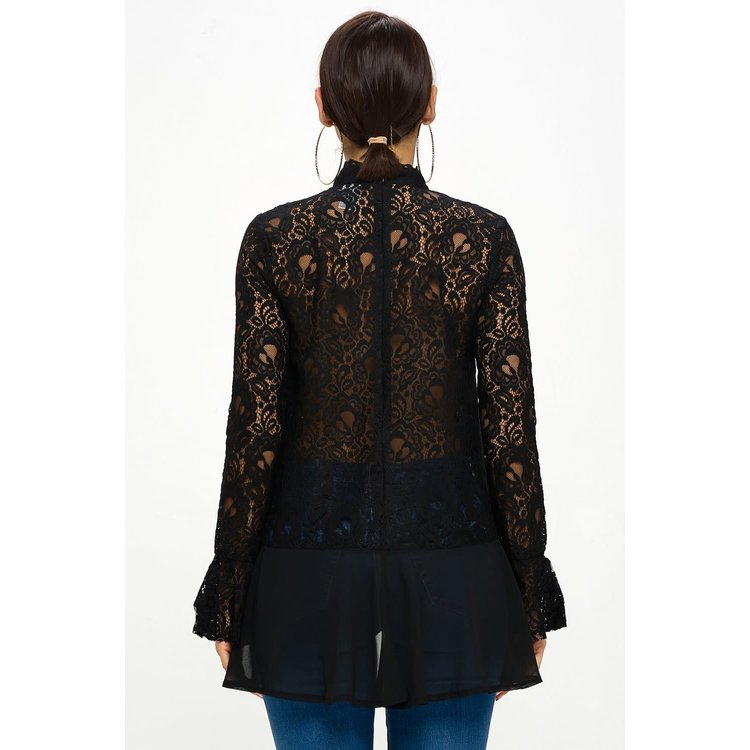High-Neck Cut Out Flowy Shirt with Lace