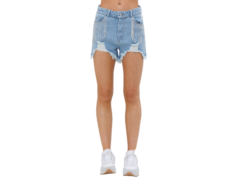 Blue B Distressed Denim Short with Crystal Fringe Pocket