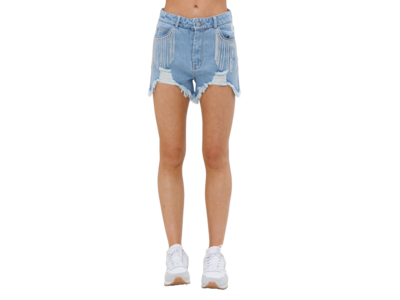 Blue B Distressed Denim Short with Crystal Fringe Pocket