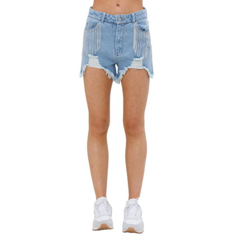 Blue B Distressed Denim Short with Crystal Fringe Pocket