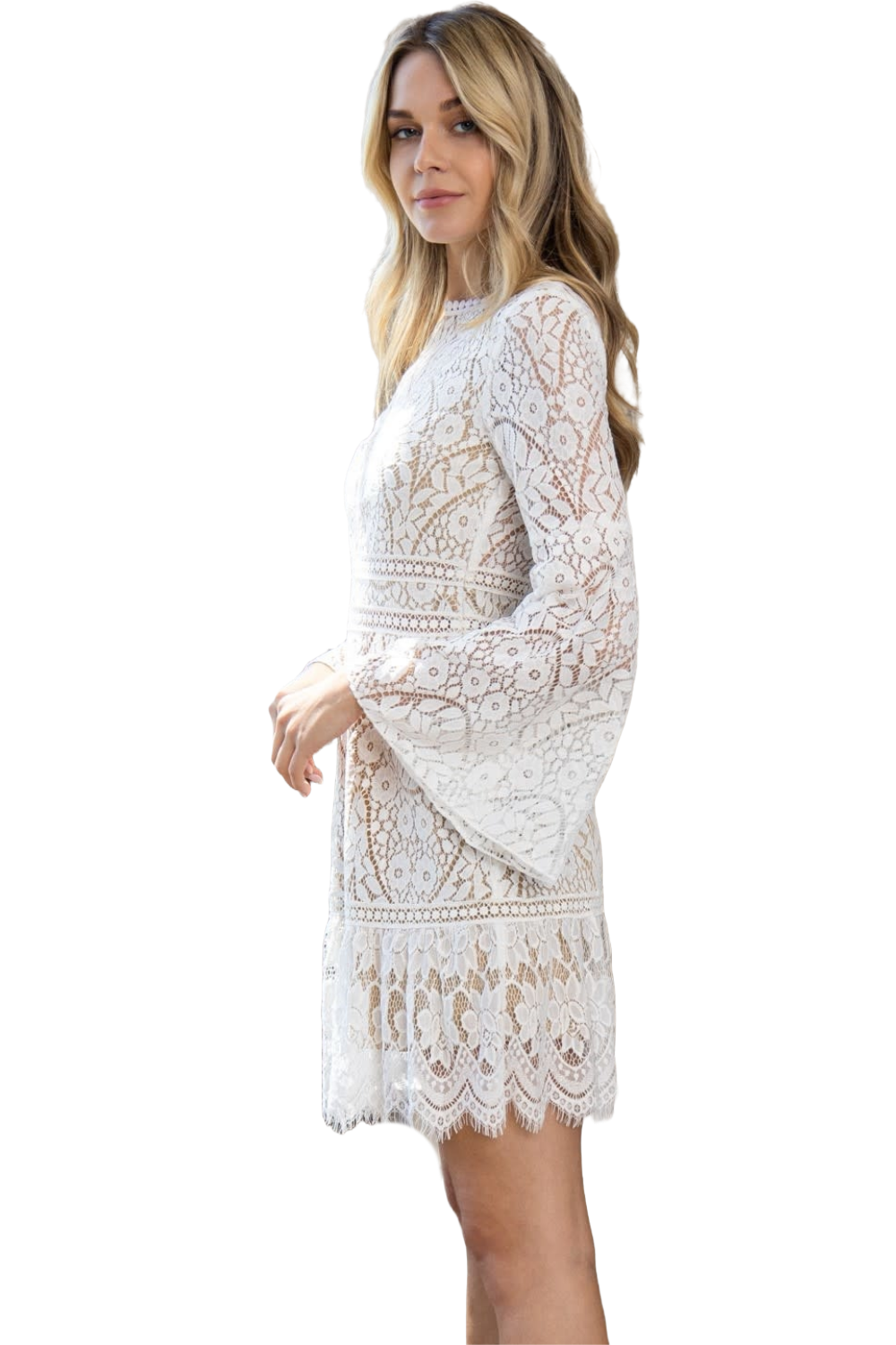 Romantic White Lace High Neck Dress with Bell Sleeve