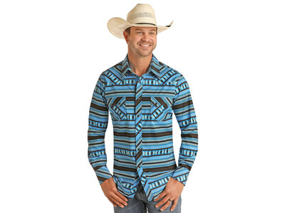 Rock and Roll Denim Aztec Print Long Sleeve Snap Shirt