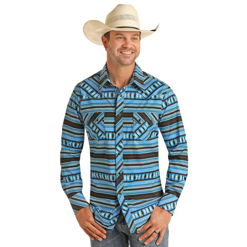 Rock and Roll Denim Aztec Print Long Sleeve Snap Shirt