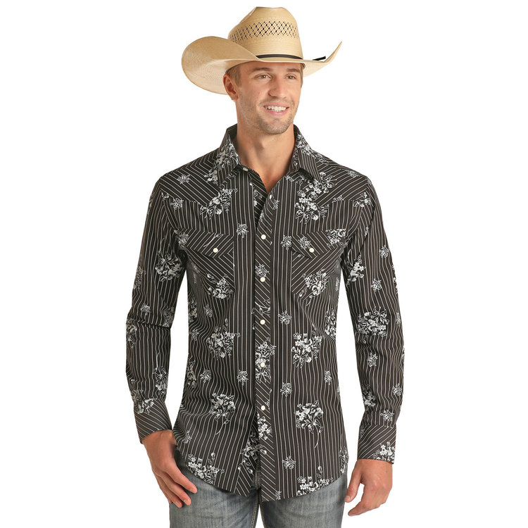 Rock and Roll Denim Long Sleeve Black Floral Print Shirt