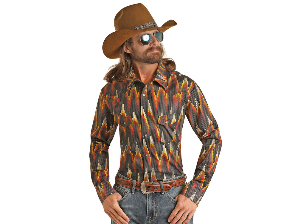 Rock and Roll Denim Dale Brisby- Digital Dark Aztec Print Pearl Snap