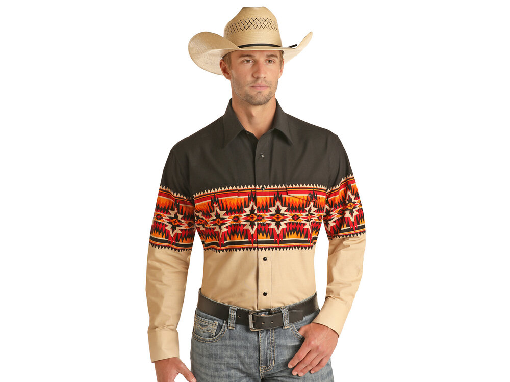 Rock and Roll Denim Aztec Print Pearl Snap