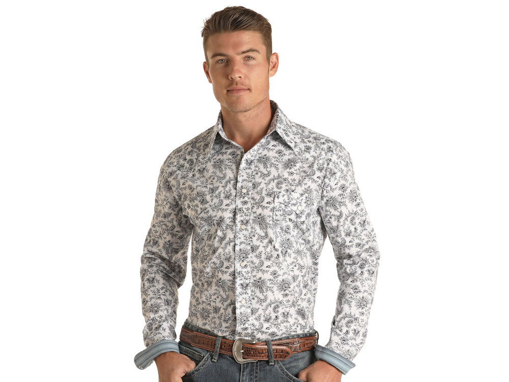 Rock and Roll Denim White and Black Paisley Print Pearl Snap