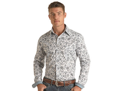 Rock and Roll Denim White and Black Paisley Print Pearl Snap