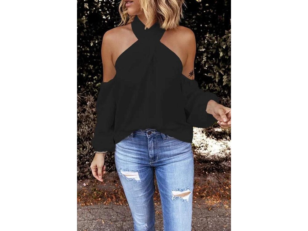 Black Cold-Shoulder Criss Cross Halter Top