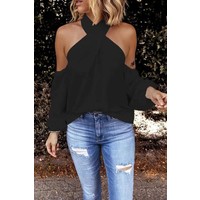 Black Cold-Shoulder Criss Cross Halter Top
