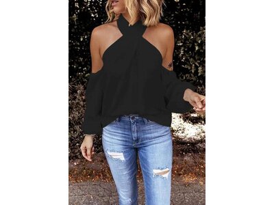 Black Cold-Shoulder Criss Cross Halter Top