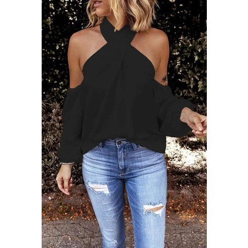 Black Cold-Shoulder Criss Cross Halter Top Black Cold-Shoulder Criss Cross Halter Top