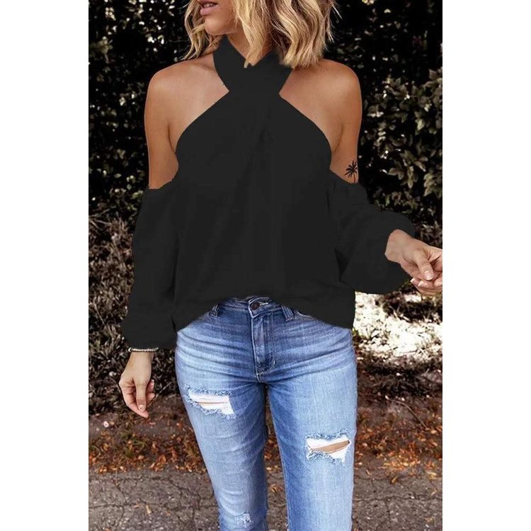 Black Cold-Shoulder Criss Cross Halter Top