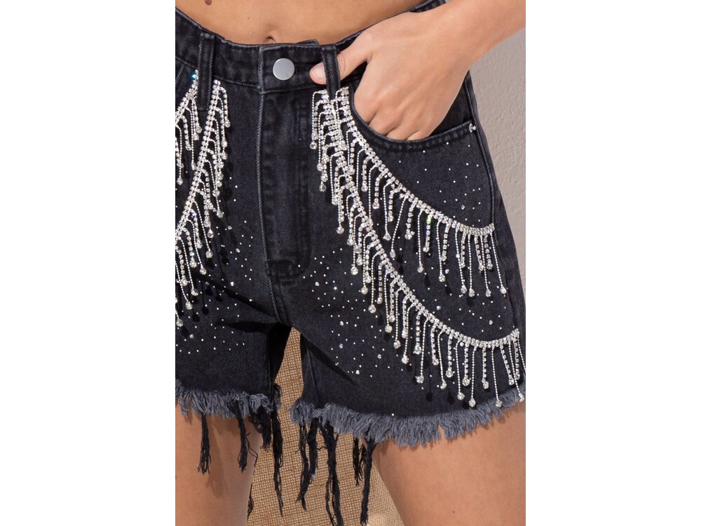 Blue B Gemstone Sprinkled Shorts with Rhinestone Fringe
