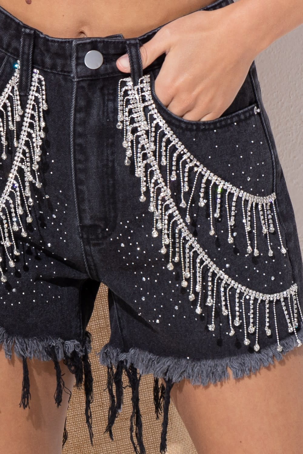 Gemstone Sprinkled Shorts with Rhinestone Fringe - Alternate Route  Outfitters