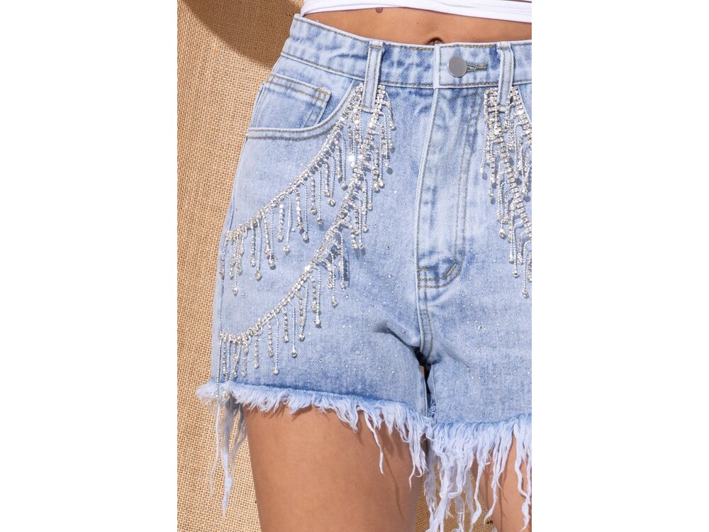 Blue B Gemstone Sprinkled Shorts with Rhinestone Fringe