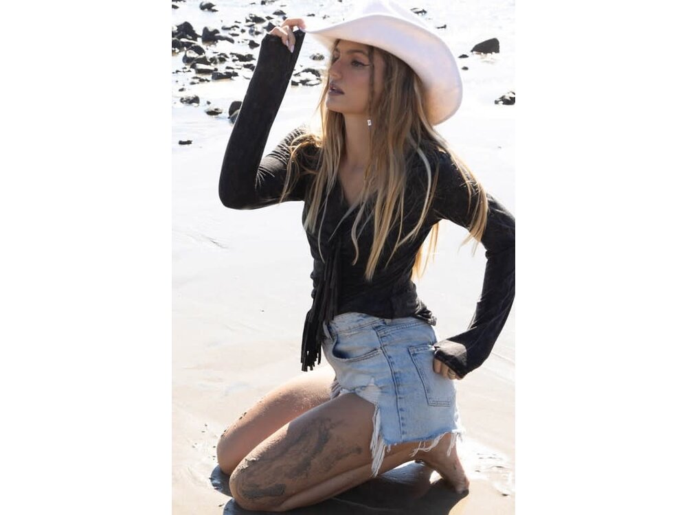 Blue Buttercup Mineral Dye Top with Fringe Front