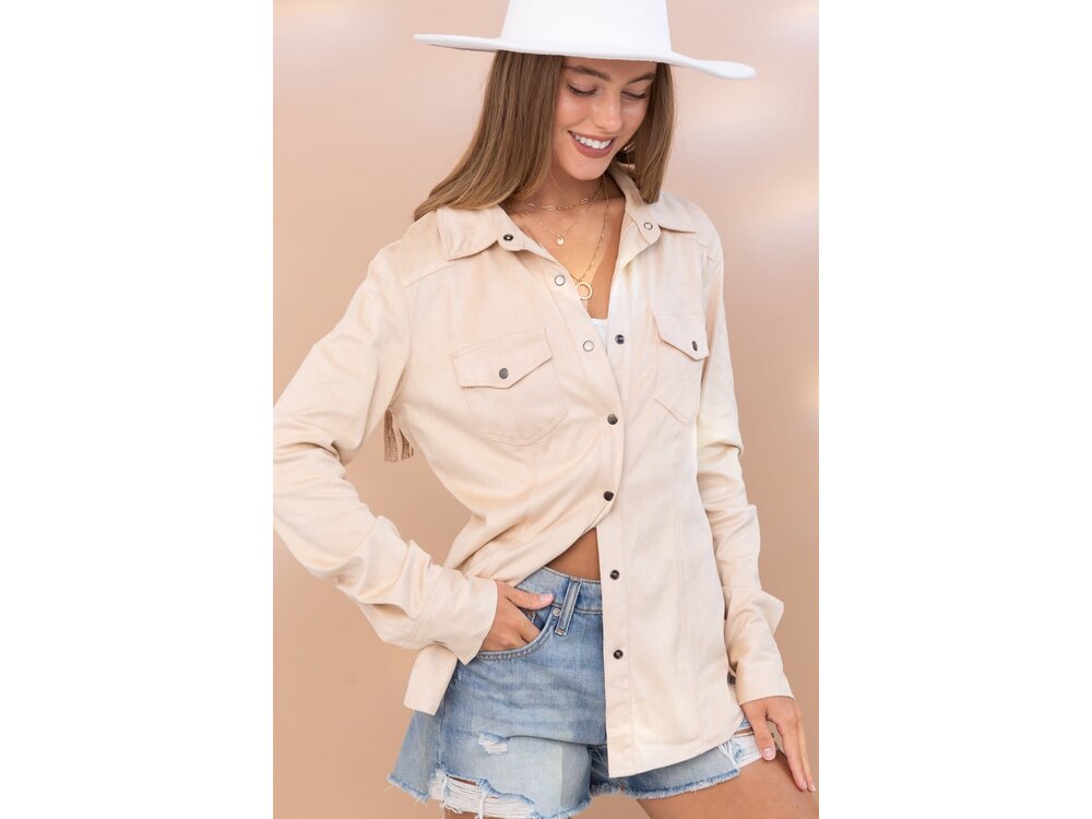 Blue B Micro-Suede Fringe Button Down