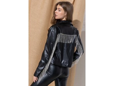Blue B FauxLeather Crystal Fringe Moto Jacket