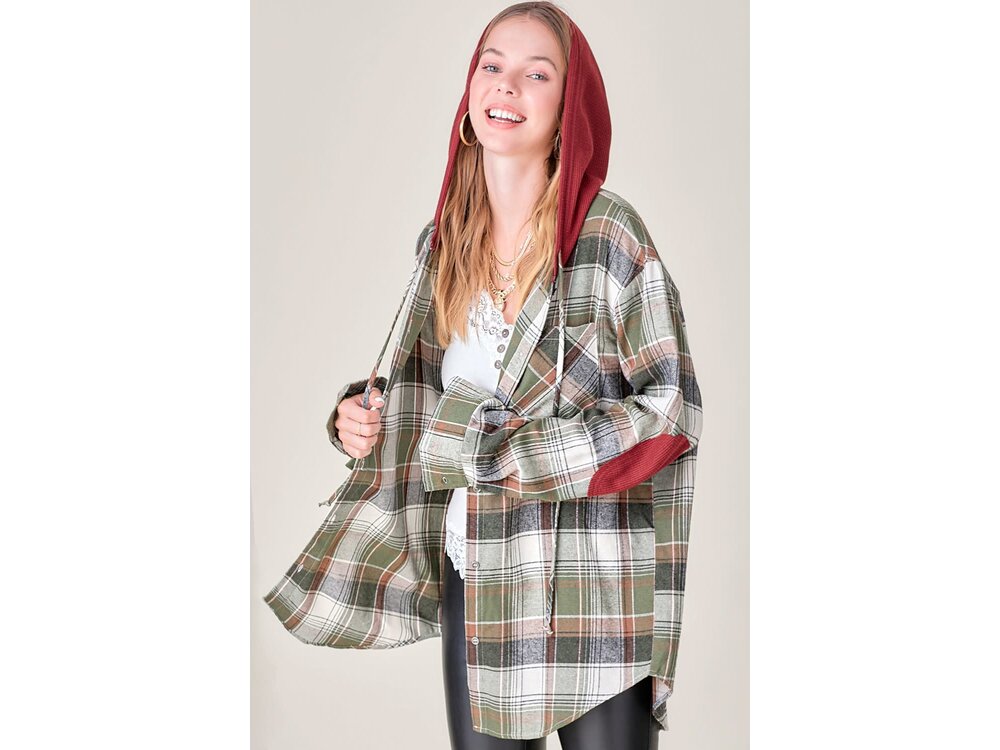 La Miel Multi-Colored Plaid Shacket with Hood