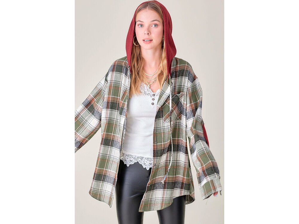La Miel Multi-Colored Plaid Shacket with Hood