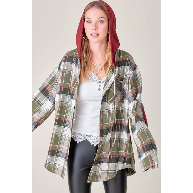 Multi-Colored Plaid Shacket with Hood