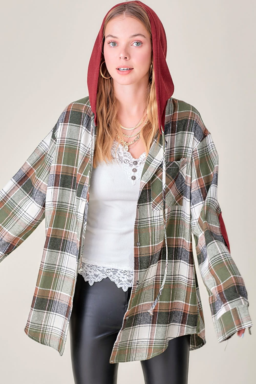 Multi-Colored Plaid Shacket with Hood