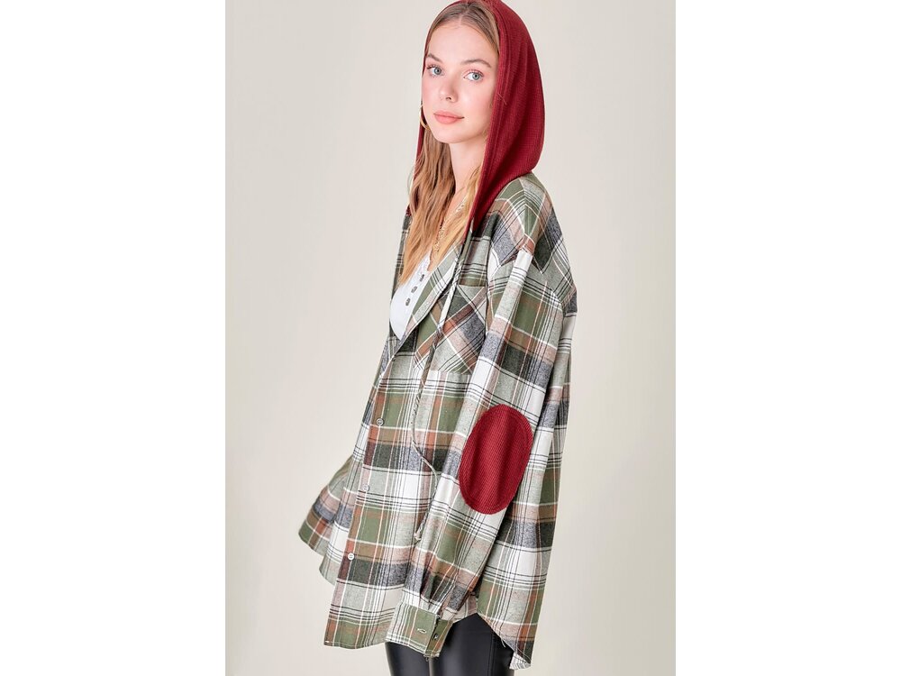 La Miel Multi-Colored Plaid Shacket with Hood